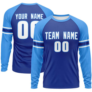 Custom Royal Powder Blue White Crew Neck Personalized Raglan Long Sleeve Performance T-shirt