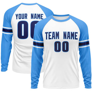 Custom White Powder Blue Navy Crew Neck Personalized Raglan Long Sleeve Performance T-shirt