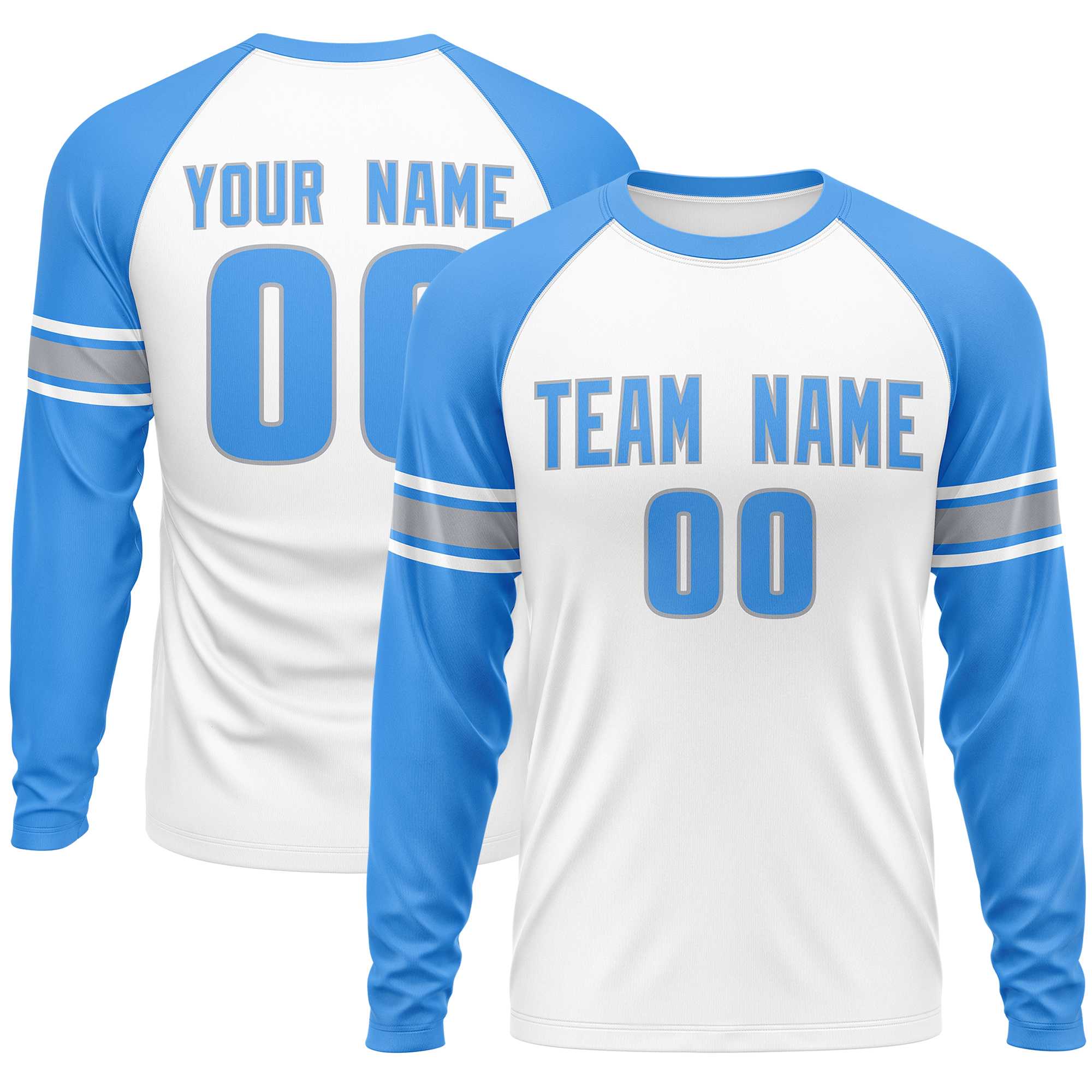 Custom White Powder Blue Gray Crew Neck Personalized Raglan Long Sleeve Performance T-shirt