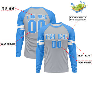 Custom Gray Powder Blue White Crew Neck Personalized Raglan Long Sleeve Performance T-shirt