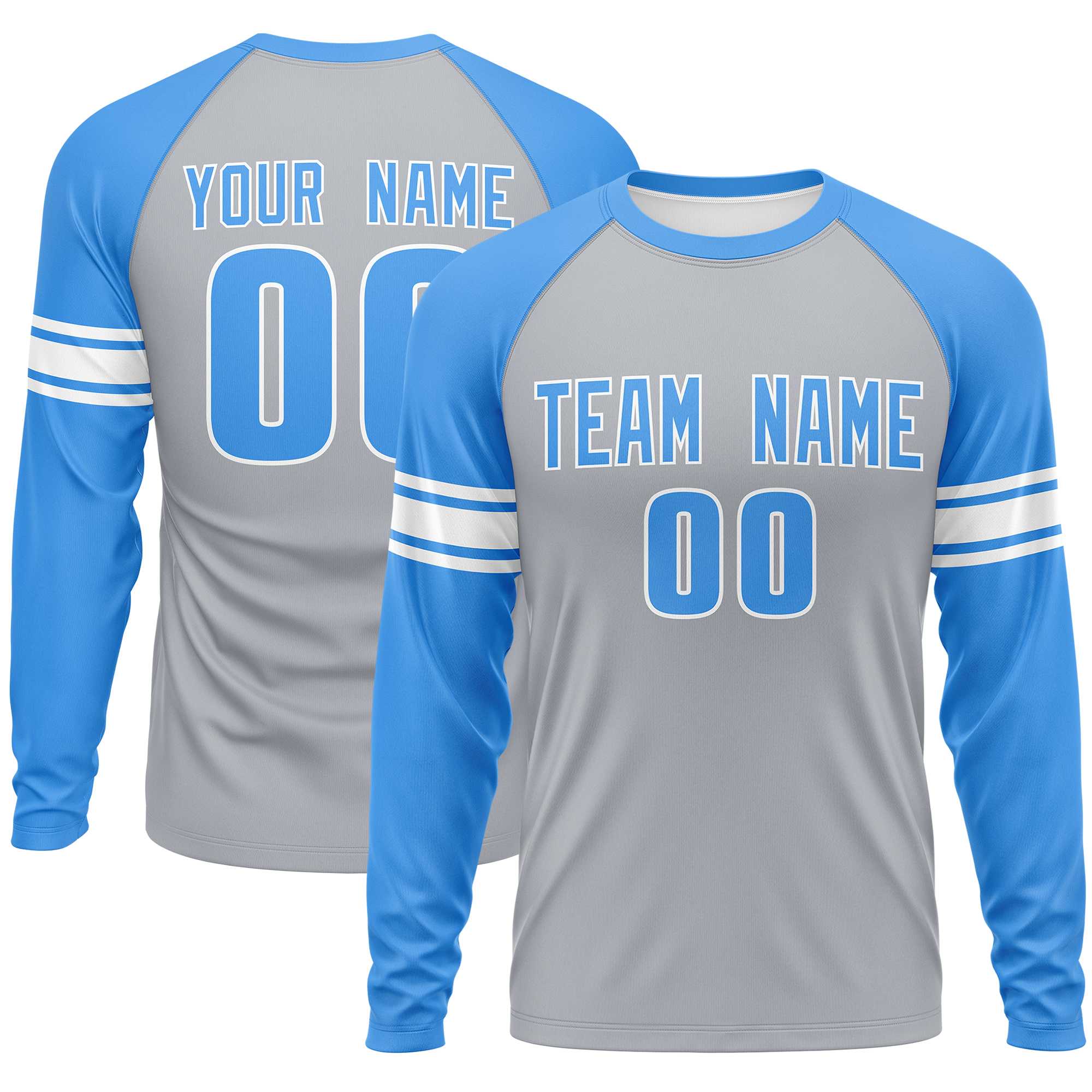 Custom Gray Powder Blue White Crew Neck Personalized Raglan Long Sleeve Performance T-shirt