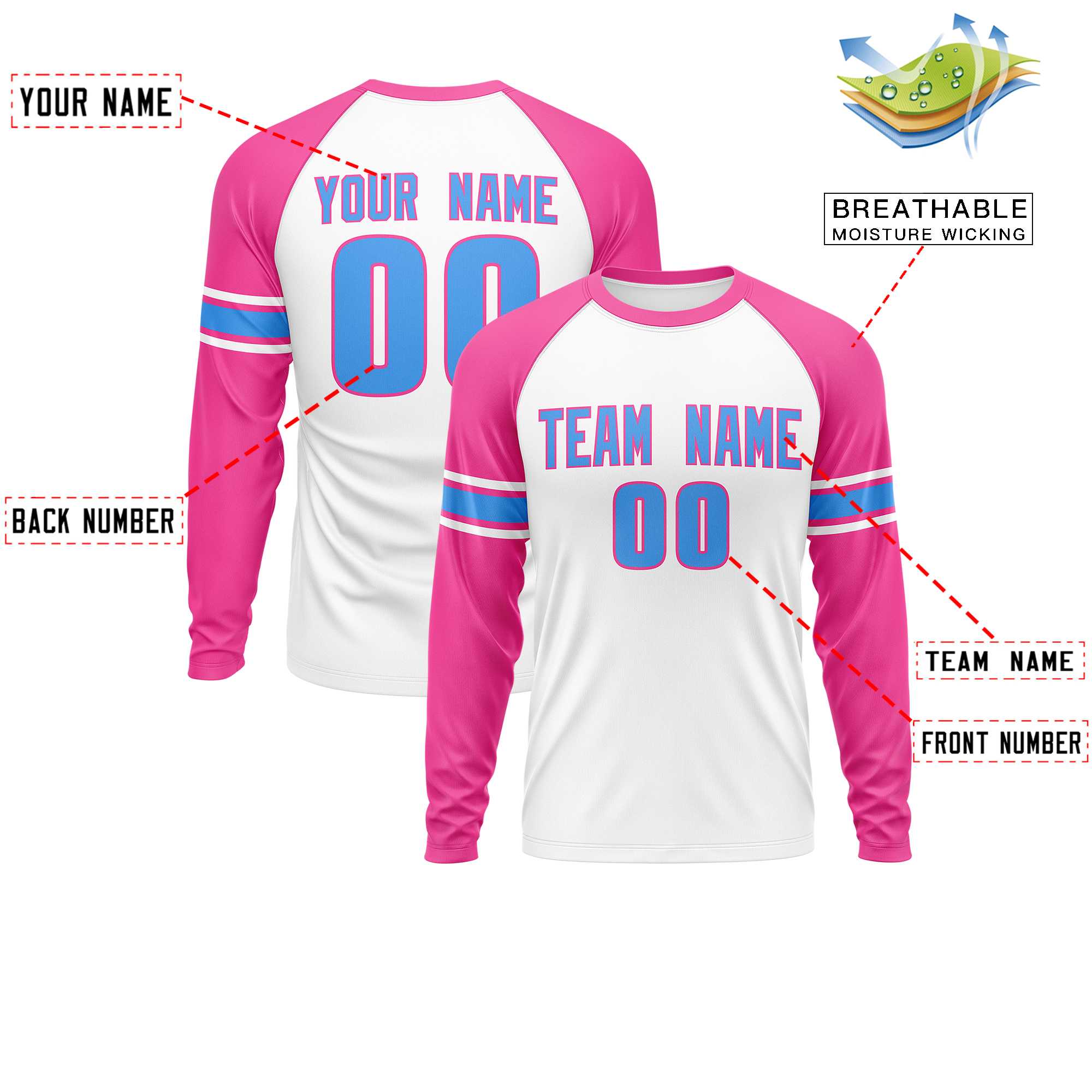 Custom White Pink Powder Blue Crew Neck Personalized Raglan Long Sleeve Performance T-shirt