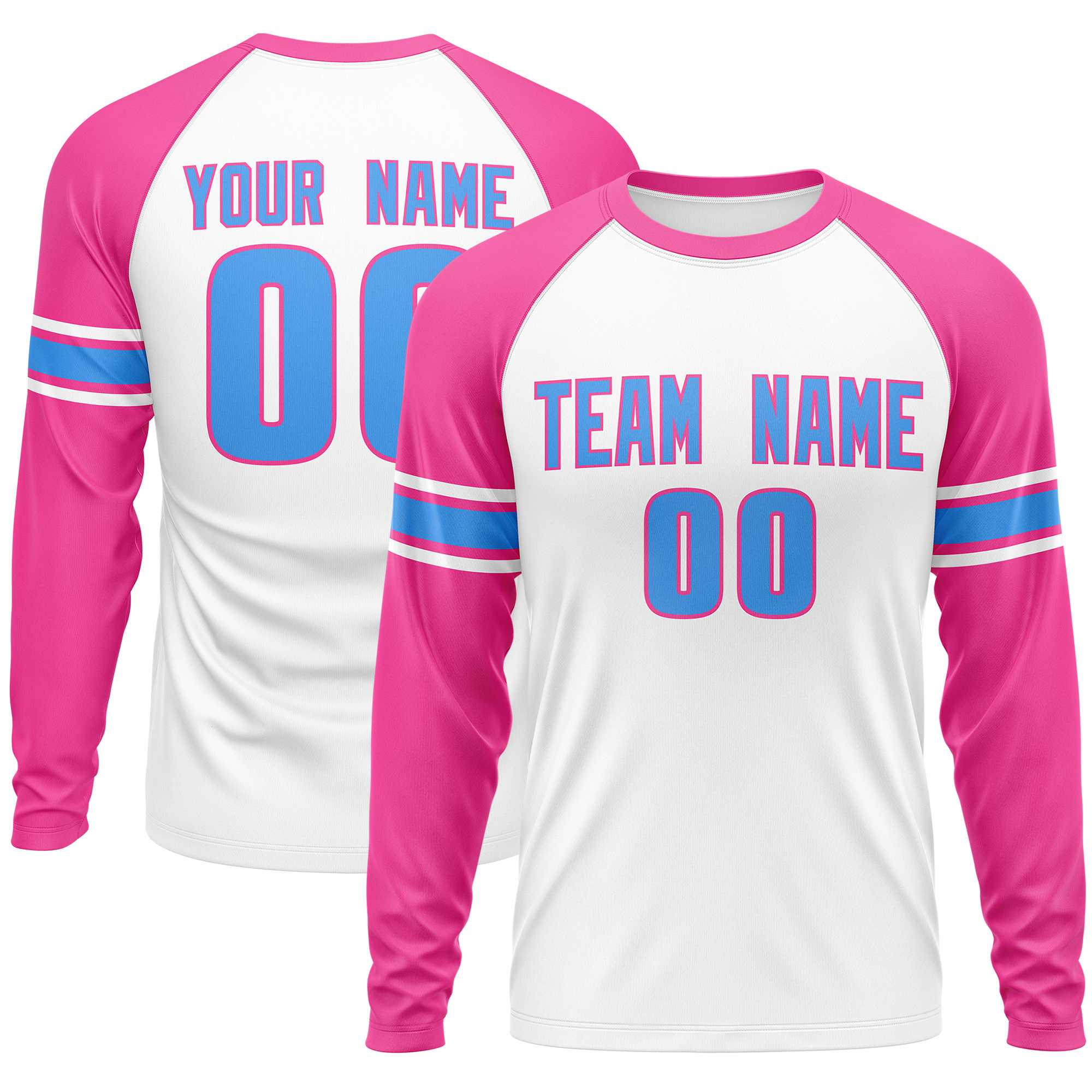 Custom White Pink Powder Blue Crew Neck Personalized Raglan Long Sleeve Performance T-shirt