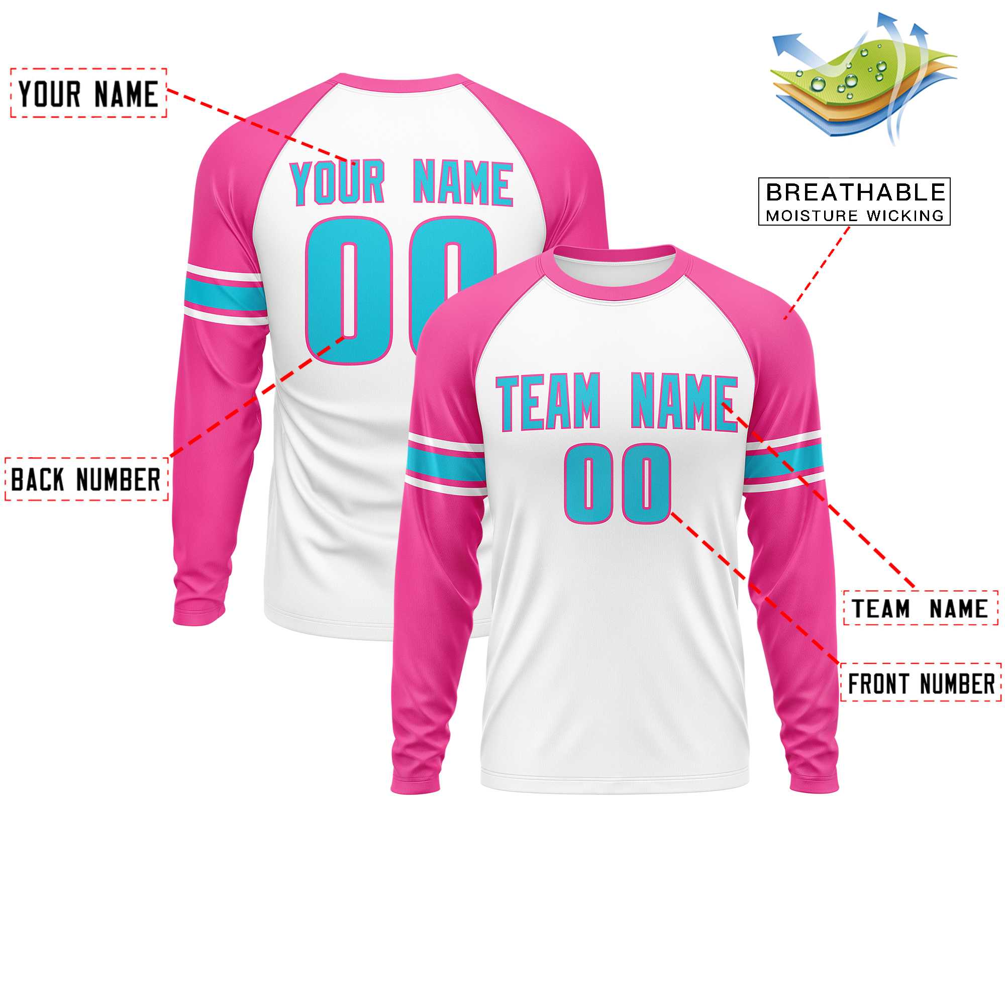 Custom White Pink Sky Blue Crew Neck Personalized Raglan Long Sleeve Performance T-shirt