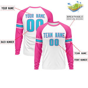 Custom White Pink Sky Blue Crew Neck Personalized Raglan Long Sleeve Performance T-shirt