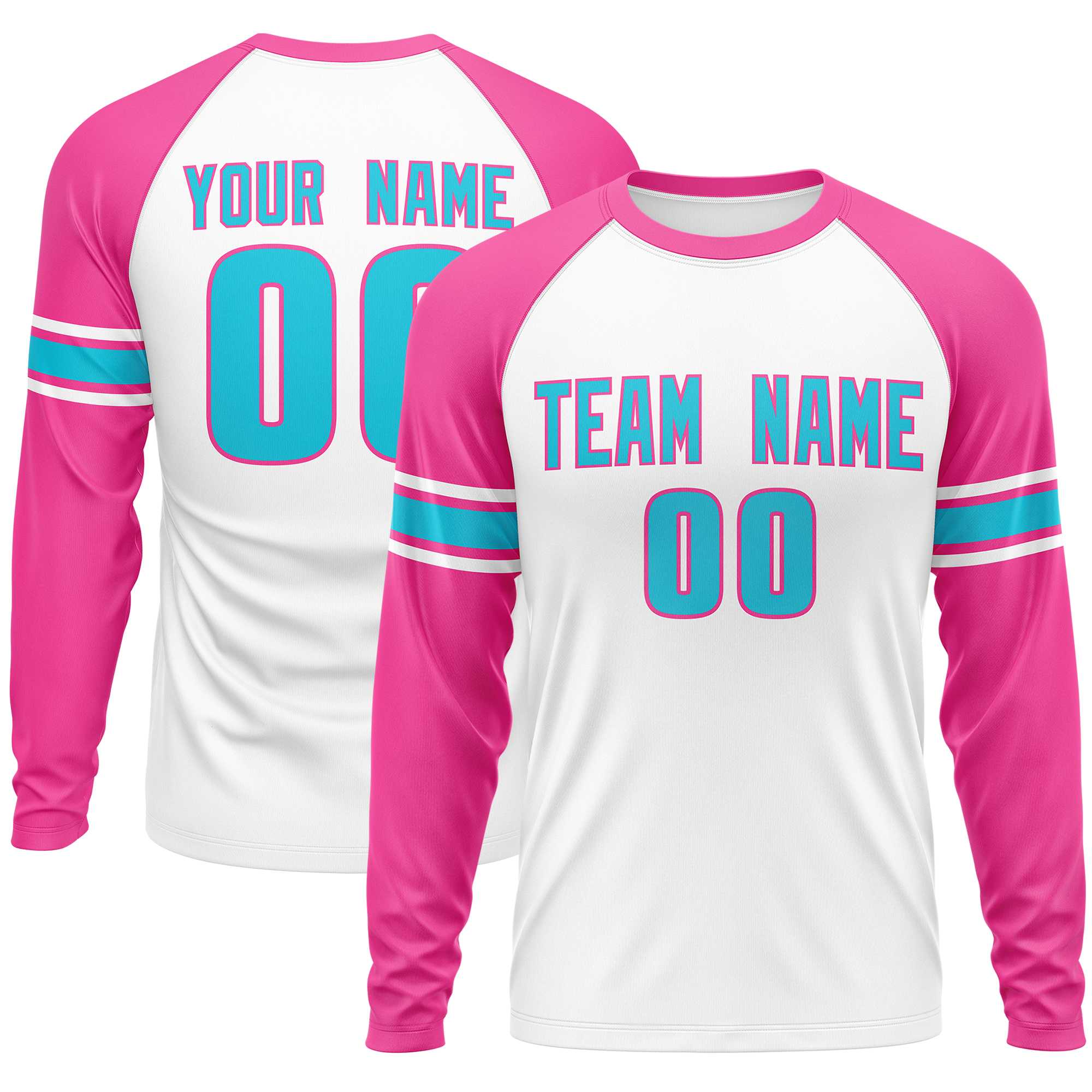 Custom White Pink Sky Blue Crew Neck Personalized Raglan Long Sleeve Performance T-shirt