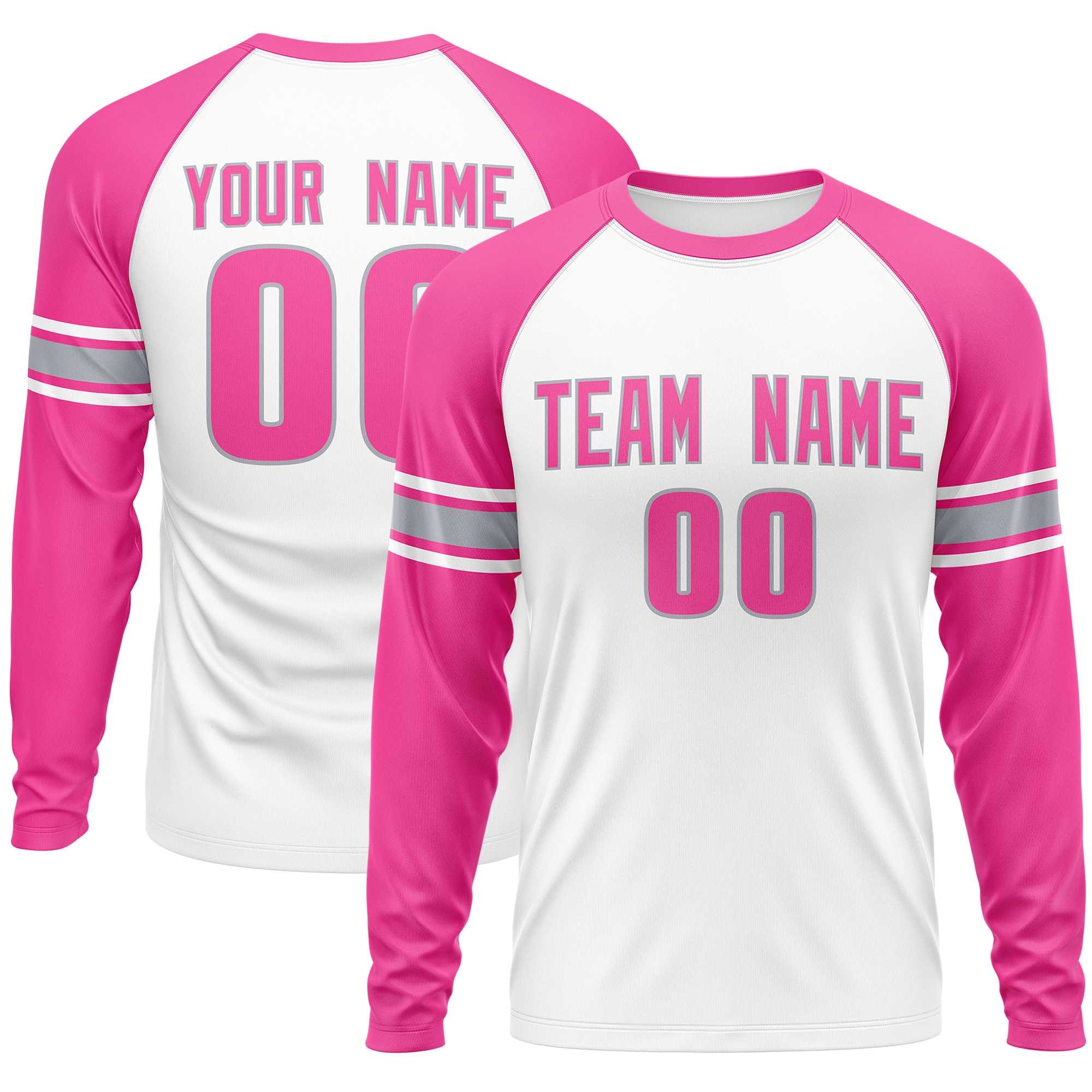 Custom White Pink Gray Crew Neck Personalized Raglan Long Sleeve Performance T-shirt