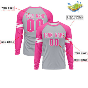 Custom Gray Pink White Crew Neck Personalized Raglan Long Sleeve Performance T-shirt