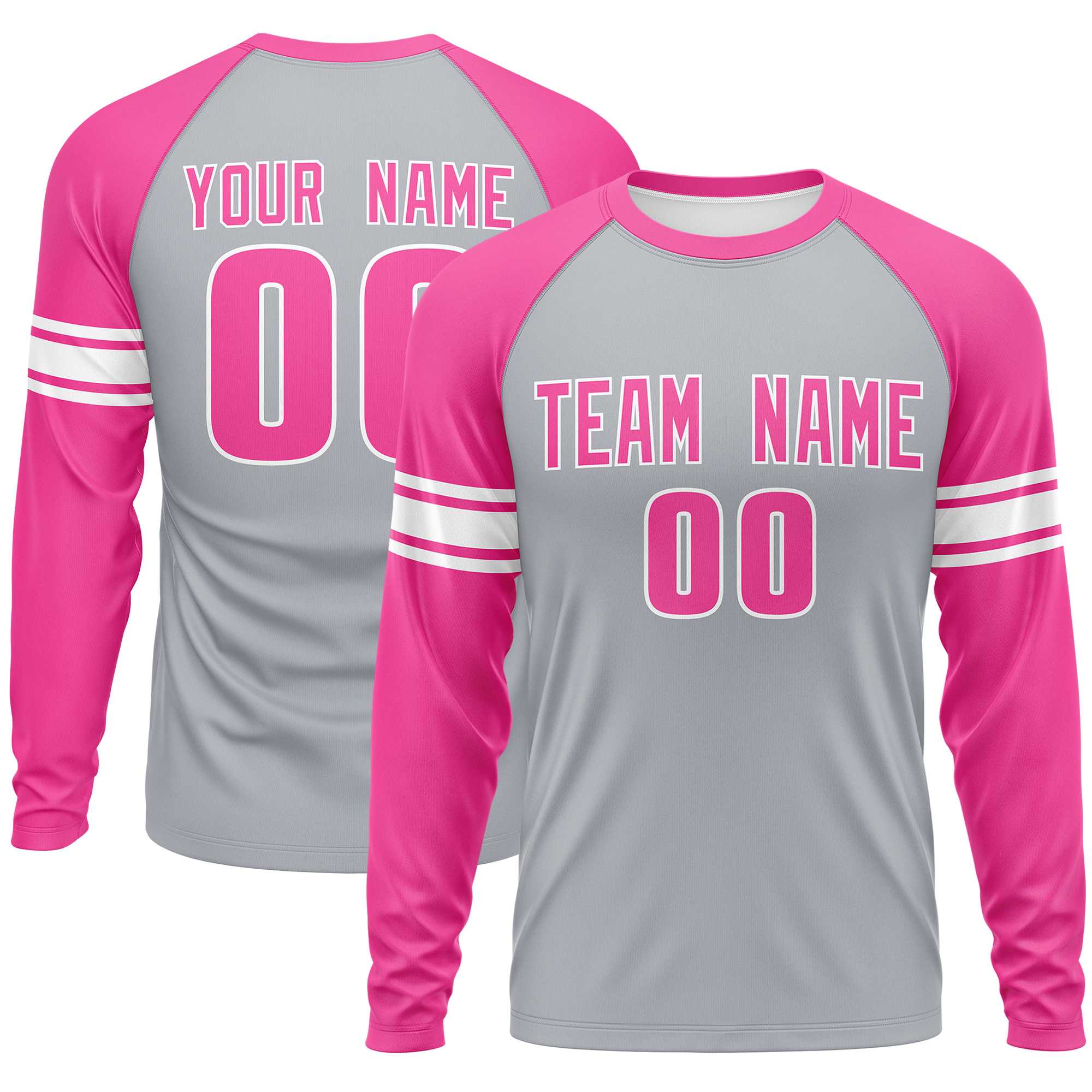 Custom Gray Pink White Crew Neck Personalized Raglan Long Sleeve Performance T-shirt