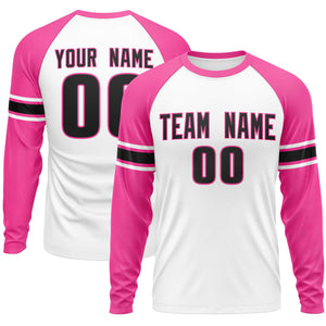 Custom White Pink Black Crew Neck Personalized Raglan Long Sleeve Performance T-shirt