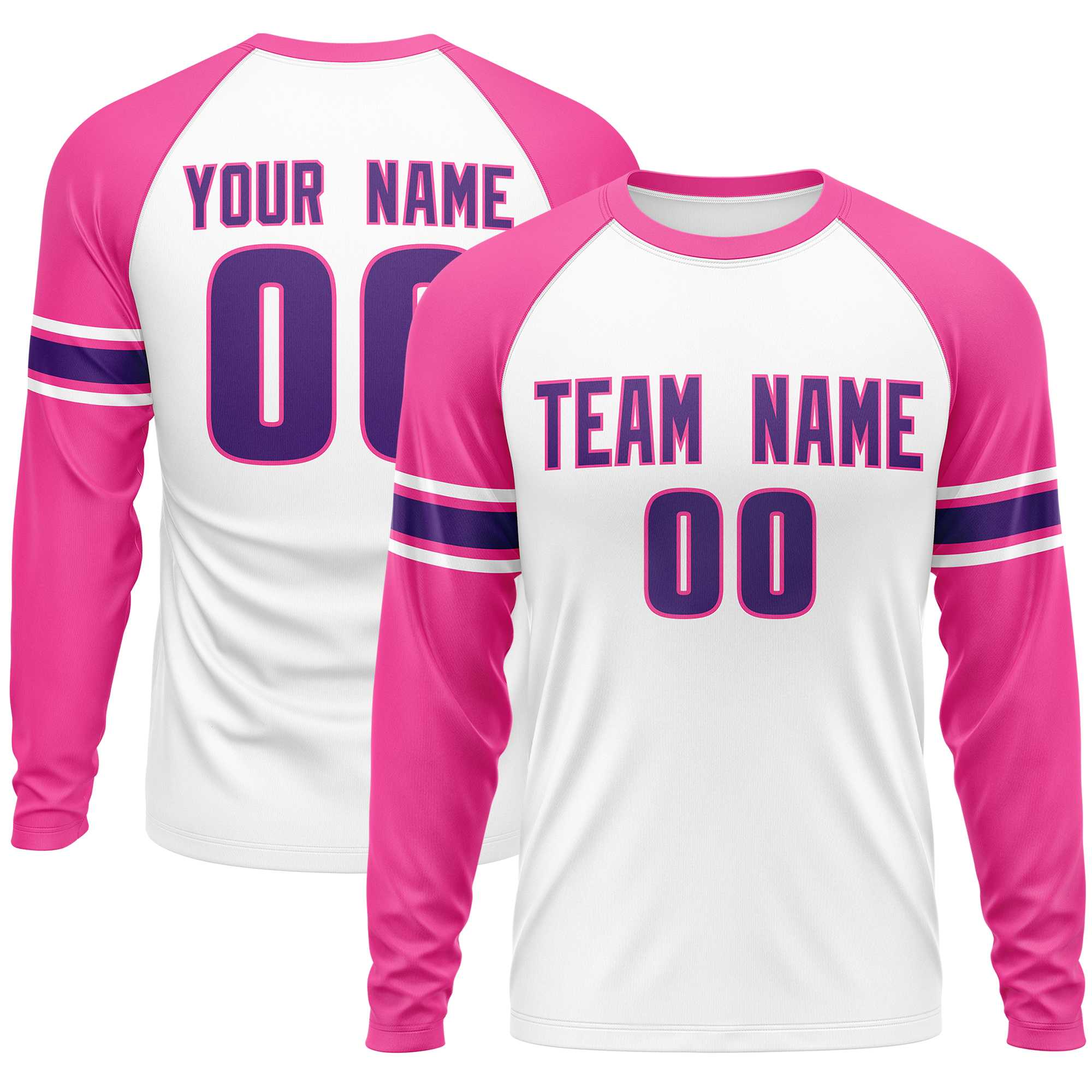 Custom White Pink Purple Crew Neck Personalized Raglan Long Sleeve Performance T-shirt