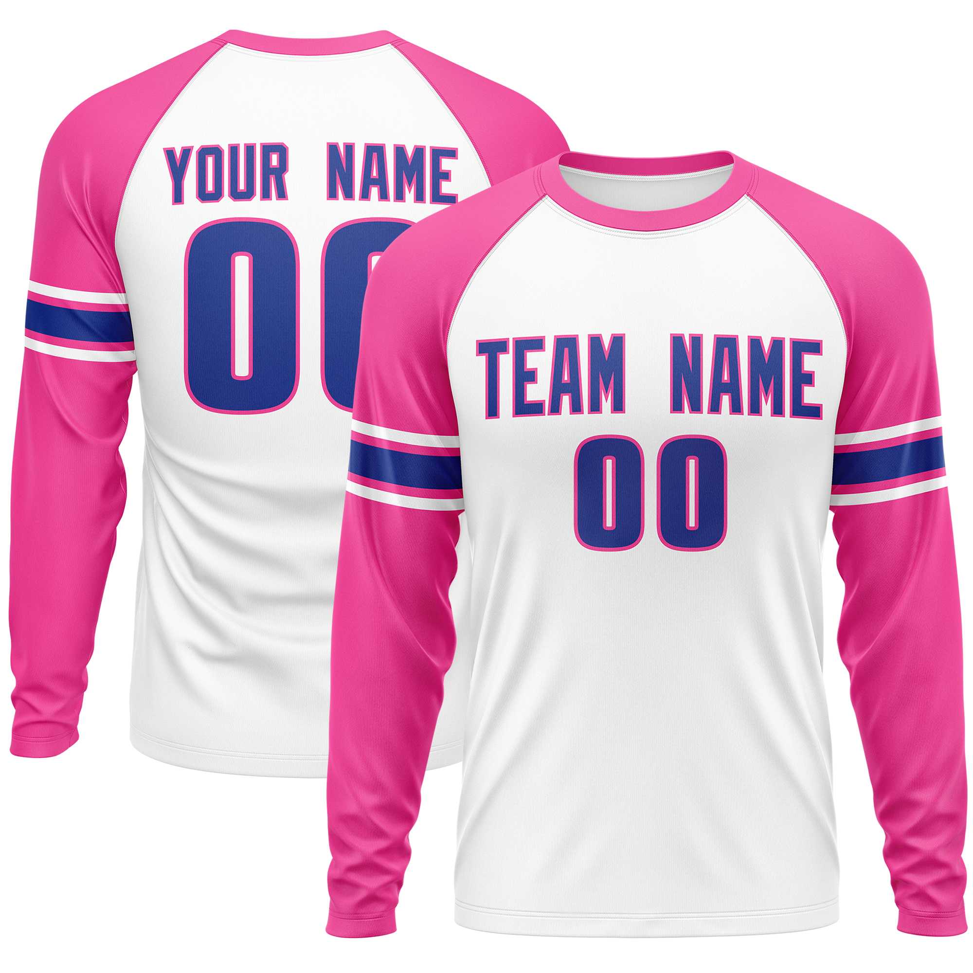 Custom White Pink Royal Crew Neck Personalized Raglan Long Sleeve Performance T-shirt