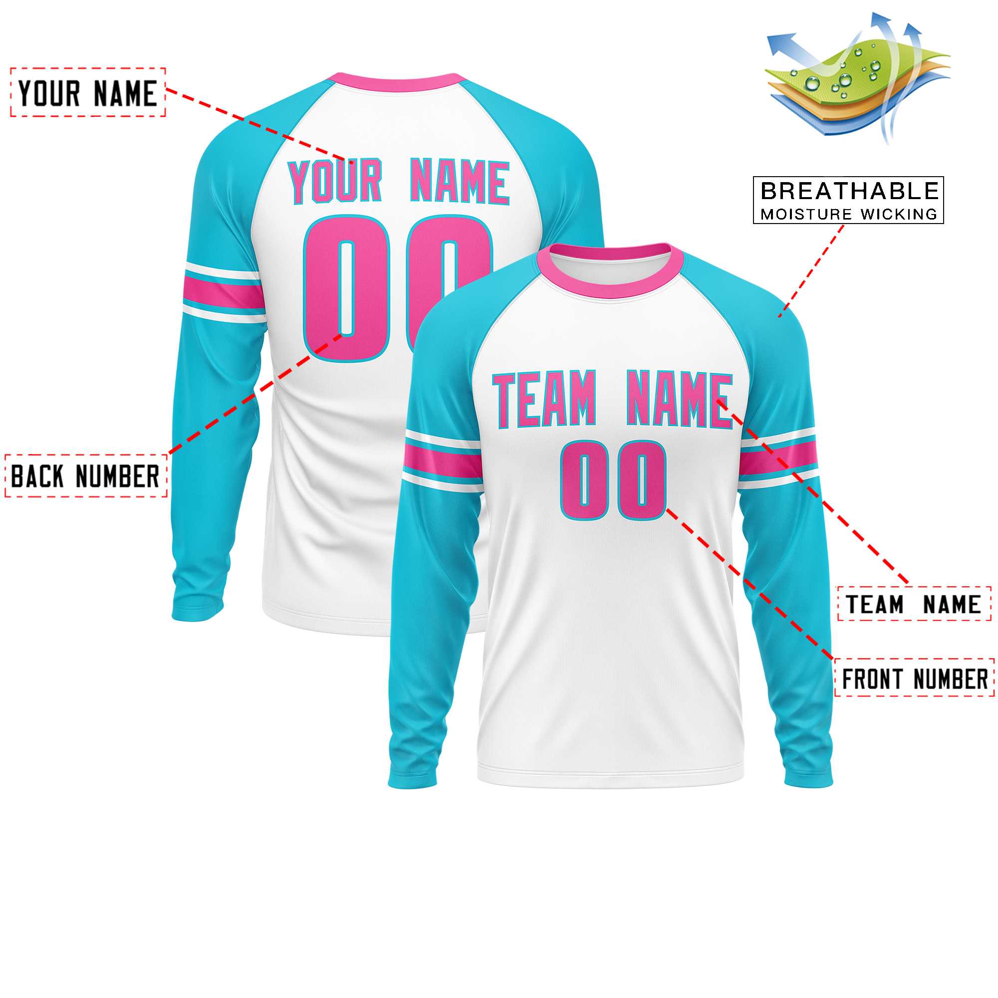 Custom White Sky Blue Pink Crew Neck Personalized Raglan Long Sleeve Performance T-shirt