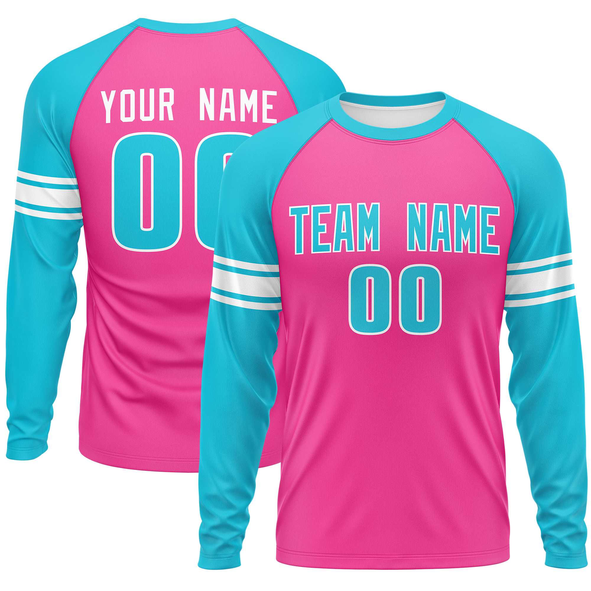 Custom Pink Sky Blue White Crew Neck Personalized Raglan Long Sleeve Performance T-shirt