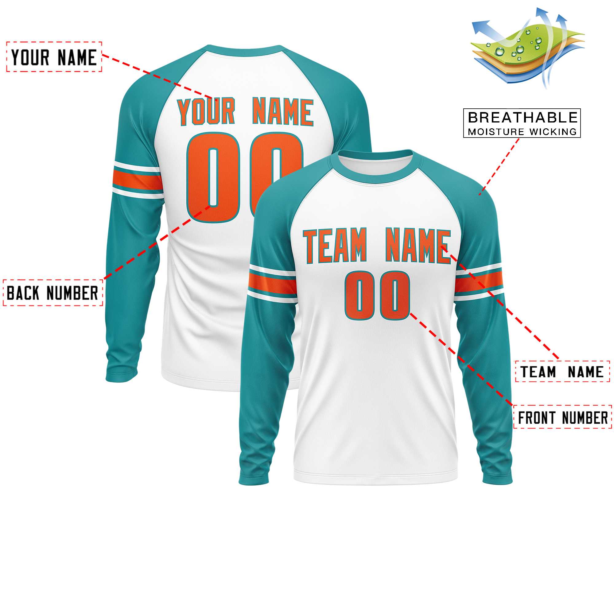 Custom White Aqua Orange Crew Neck Personalized Raglan Long Sleeve Performance T-shirt