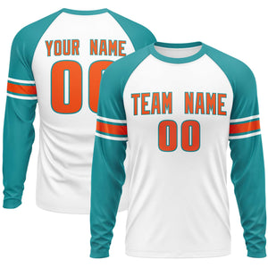 Custom White Aqua Orange Crew Neck Personalized Raglan Long Sleeve Performance T-shirt