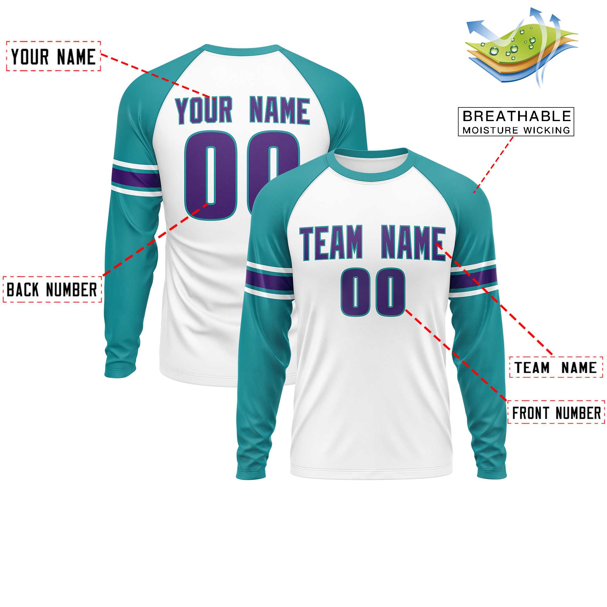 Custom White Aqua Purple Crew Neck Personalized Raglan Long Sleeve Performance T-shirt