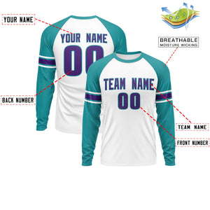 Custom White Aqua Purple Crew Neck Personalized Raglan Long Sleeve Performance T-shirt