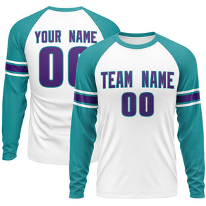 Custom White Aqua Purple Crew Neck Personalized Raglan Long Sleeve Performance T-shirt