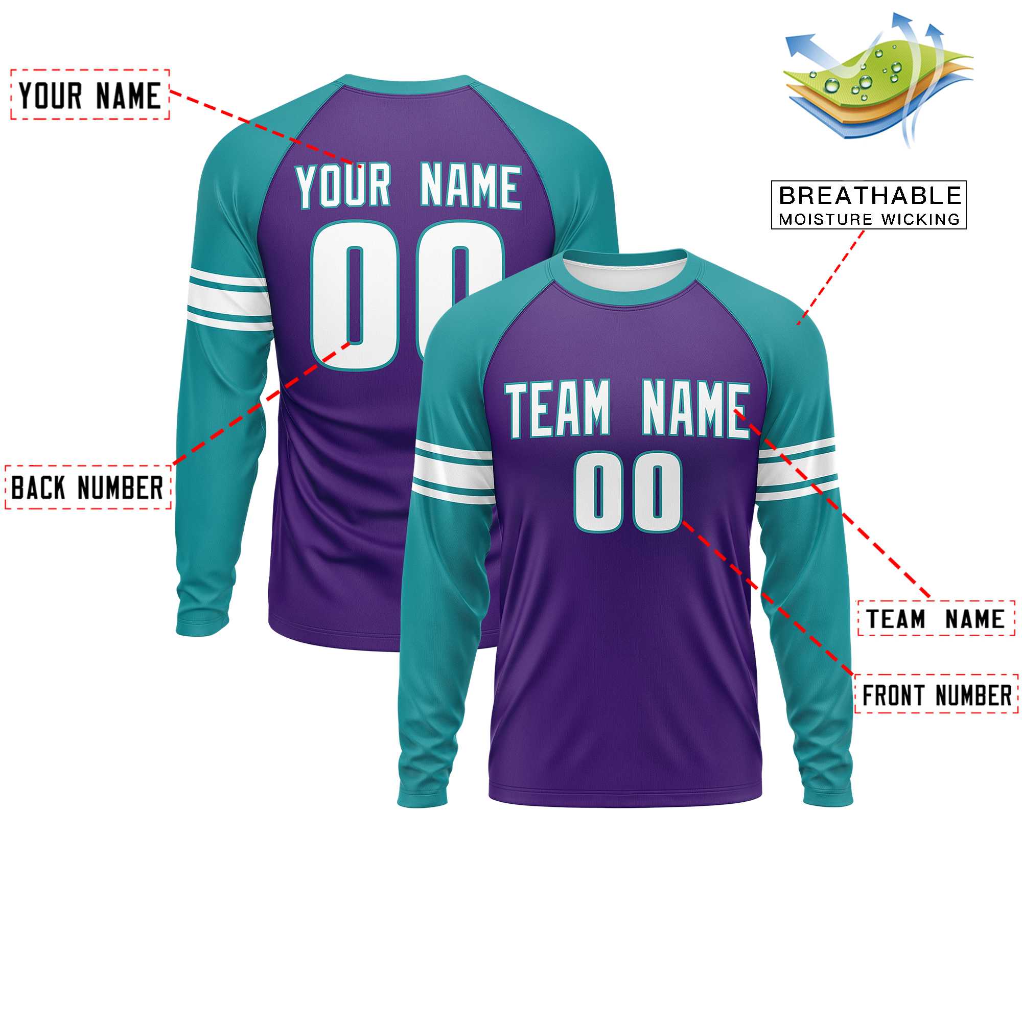 Custom Purple Aqua White Crew Neck Personalized Raglan Long Sleeve Performance T-shirt