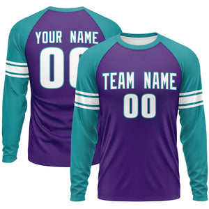 Custom Purple Aqua White Crew Neck Personalized Raglan Long Sleeve Performance T-shirt