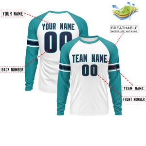 Custom White Aqua Navy Crew Neck Personalized Raglan Long Sleeve Performance T-shirt