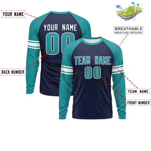 Custom Navy Aqua White Crew Neck Personalized Raglan Long Sleeve Performance T-shirt