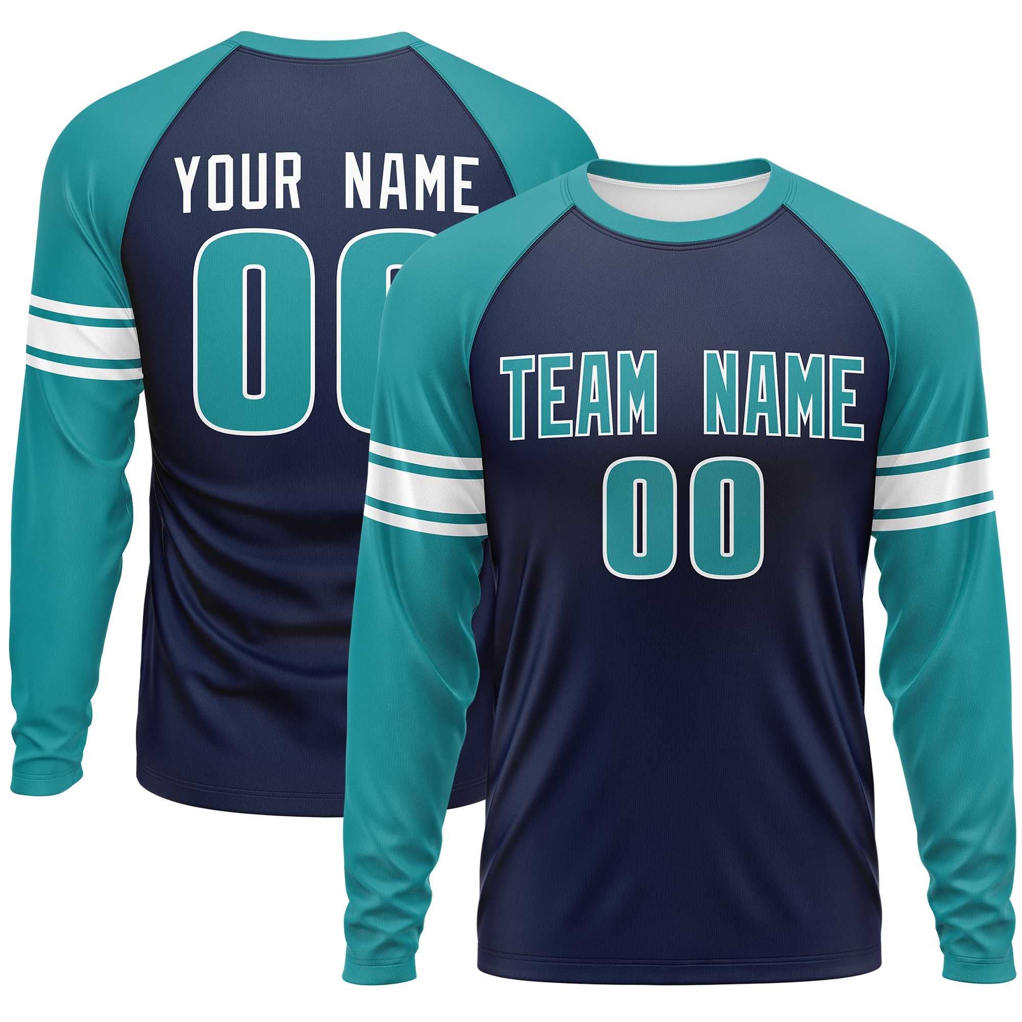 Custom Navy Aqua White Crew Neck Personalized Raglan Long Sleeve Performance T-shirt