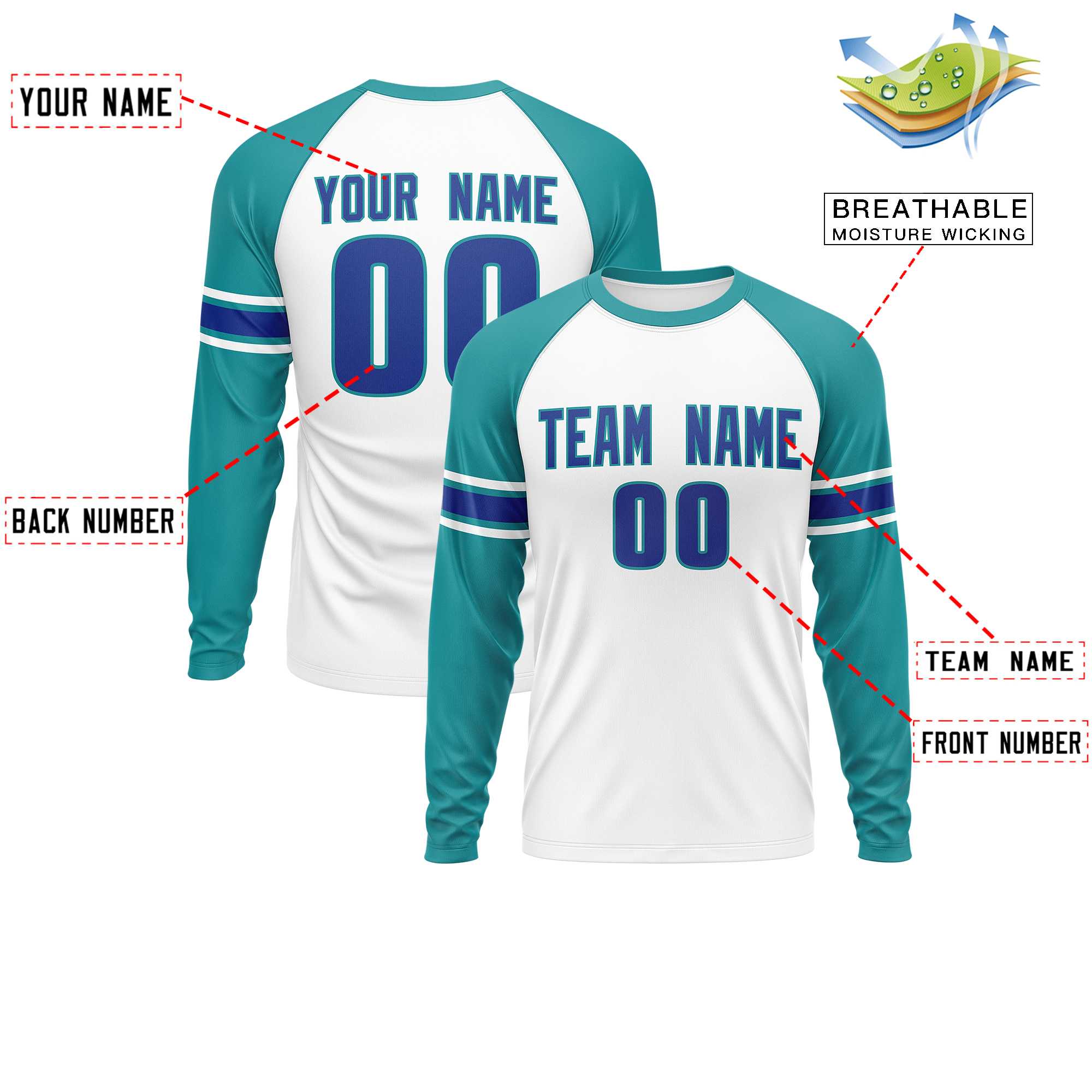 Custom White Aqua Royal Crew Neck Personalized Raglan Long Sleeve Performance T-shirt