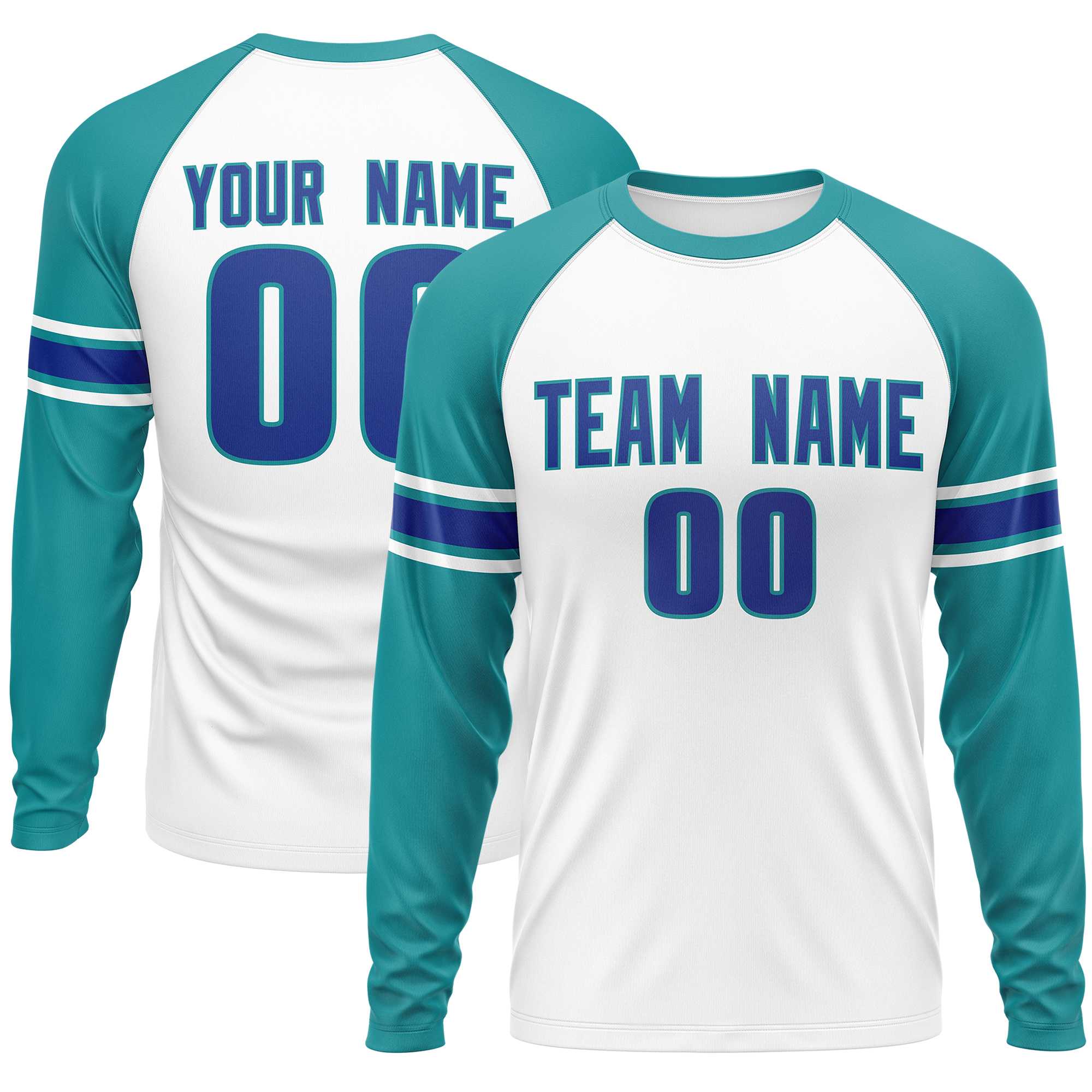 Custom White Aqua Royal Crew Neck Personalized Raglan Long Sleeve Performance T-shirt