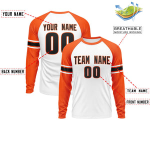 Custom White Orange Black Crew Neck Personalized Raglan Long Sleeve Performance T-shirt