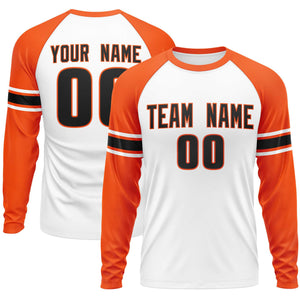 Custom White Orange Black Crew Neck Personalized Raglan Long Sleeve Performance T-shirt