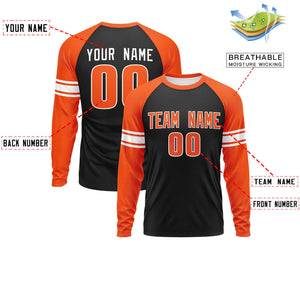 Custom Black Orange White Crew Neck Personalized Raglan Long Sleeve Performance T-shirt