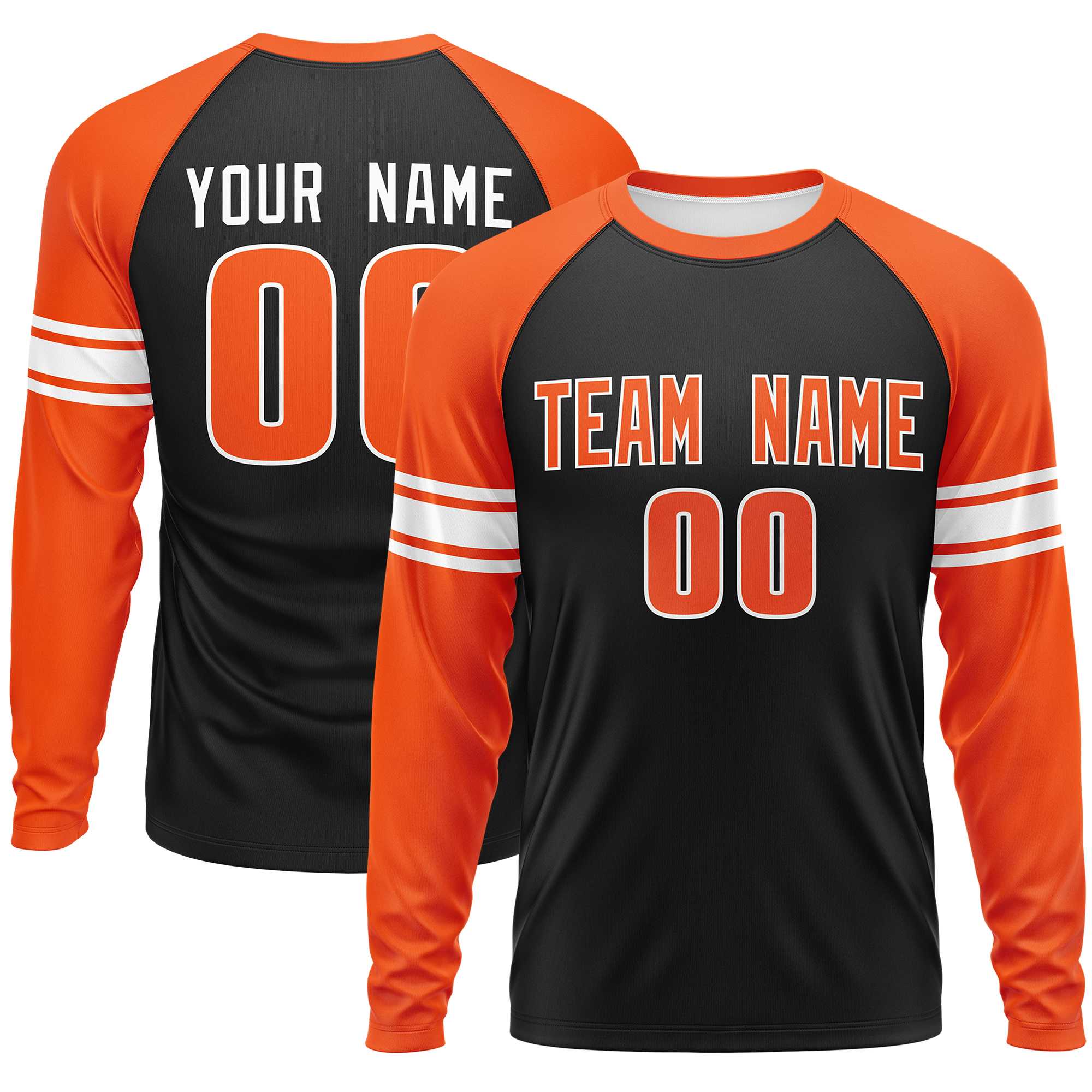 Custom Black Orange White Crew Neck Personalized Raglan Long Sleeve Performance T-shirt