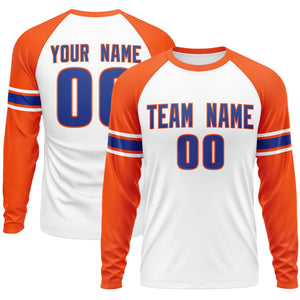 Custom White Orange Royal Crew Neck Personalized Raglan Long Sleeve Performance T-shirt