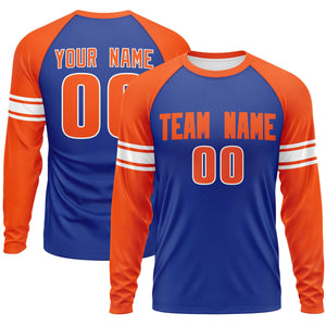 Custom Royal Orange White Crew Neck Personalized Raglan Long Sleeve Performance T-shirt