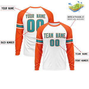 Custom White Orange Aqua Crew Neck Personalized Raglan Long Sleeve Performance T-shirt