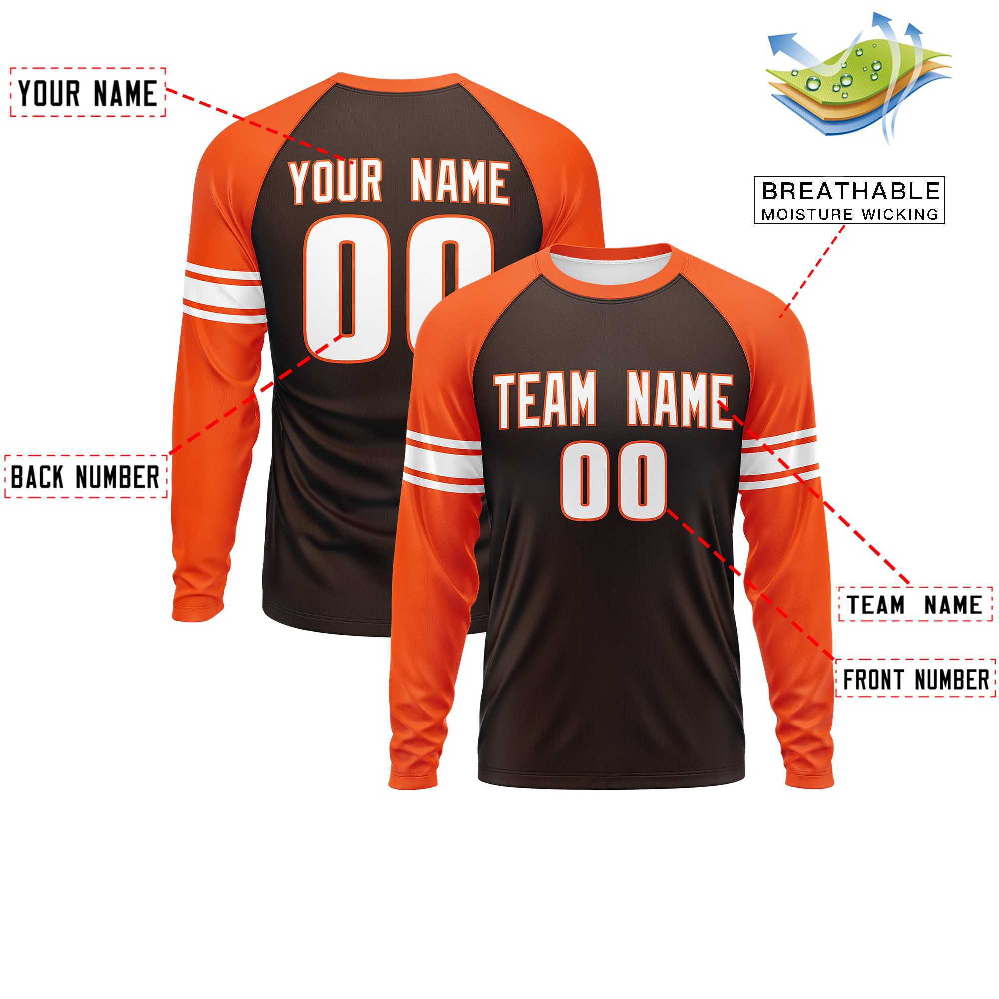 Custom Brown Orange White Crew Neck Personalized Raglan Long Sleeve Performance T-shirt