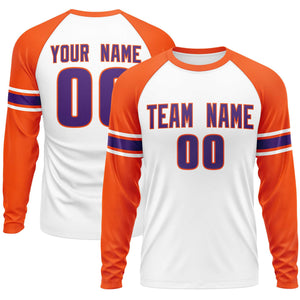 Custom White Orange Purple Crew Neck Personalized Raglan Long Sleeve Performance T-shirt