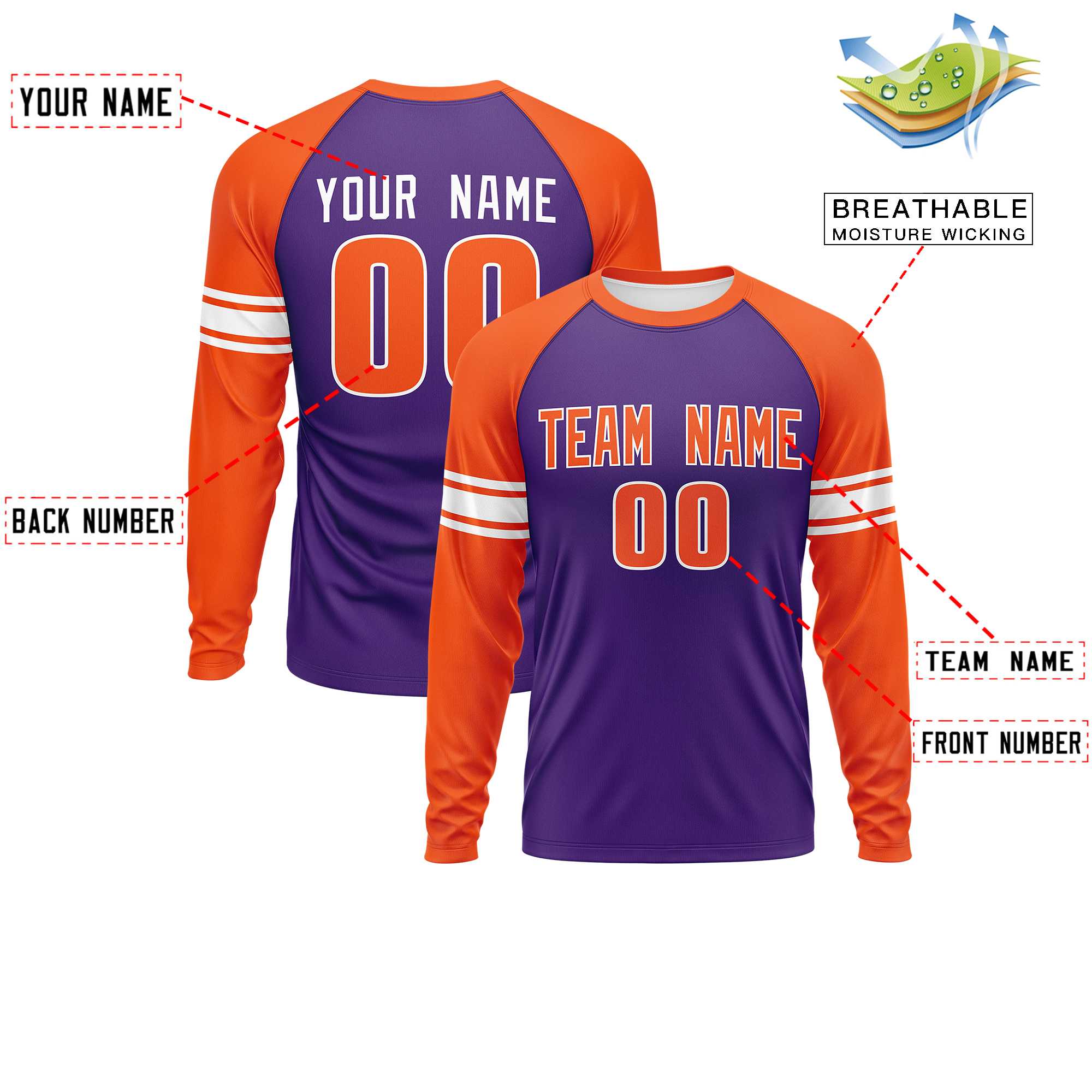 Custom Purple Orange White Crew Neck Personalized Raglan Long Sleeve Performance T-shirt