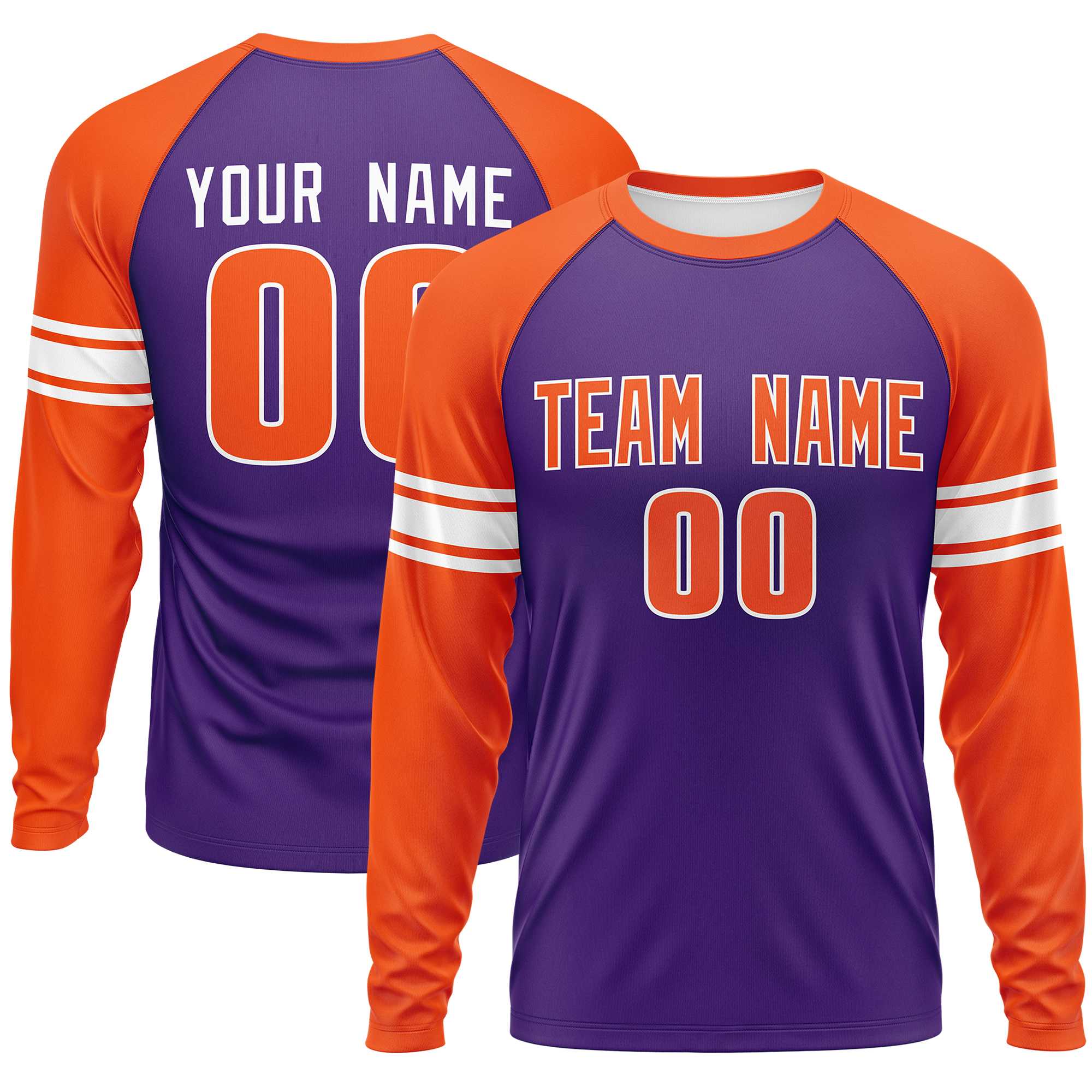 Custom Purple Orange White Crew Neck Personalized Raglan Long Sleeve Performance T-shirt