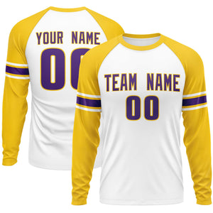 Custom White Gold Purple Crew Neck Personalized Raglan Long Sleeve Performance T-shirt