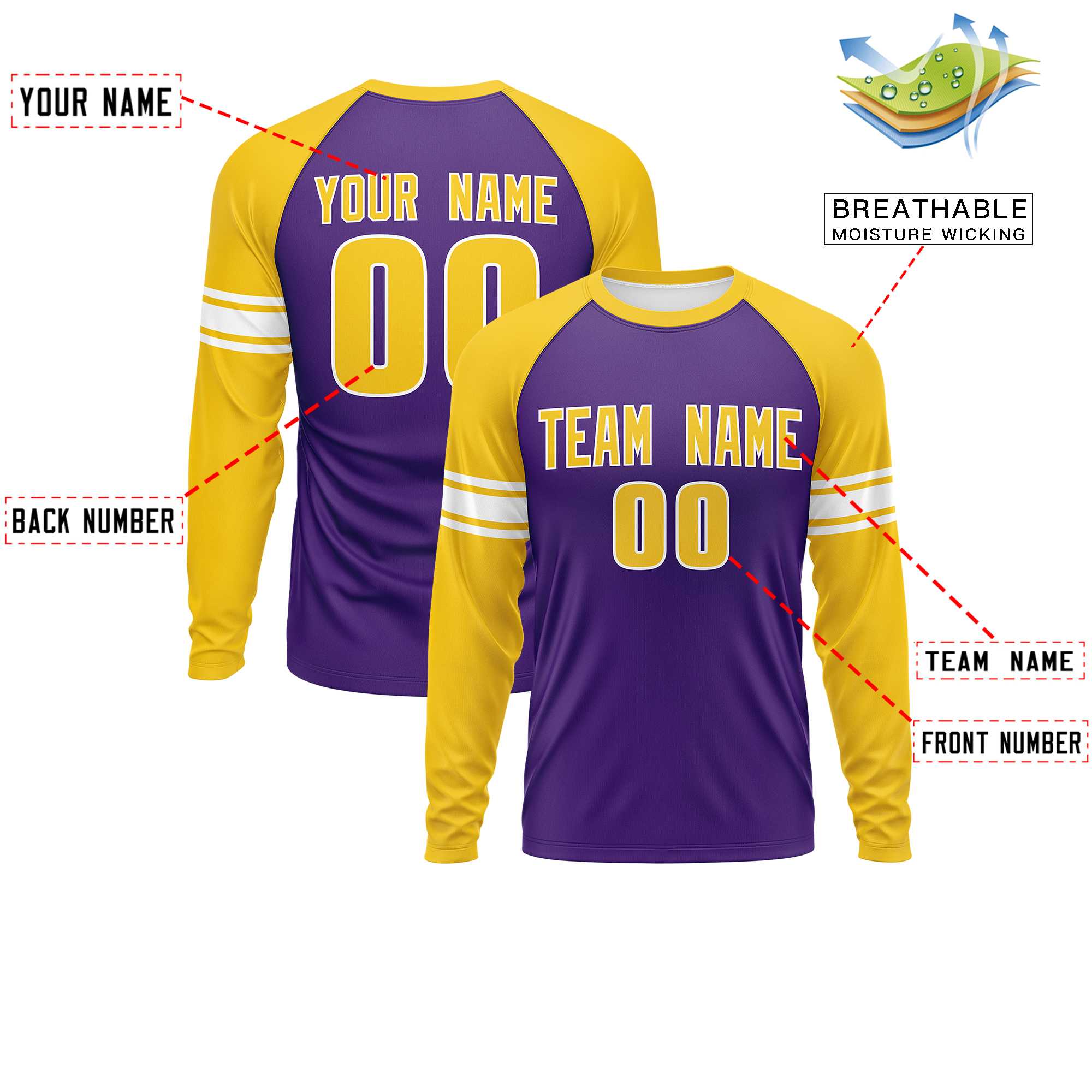 Custom Purple Gold White Crew Neck Personalized Raglan Long Sleeve Performance T-shirt