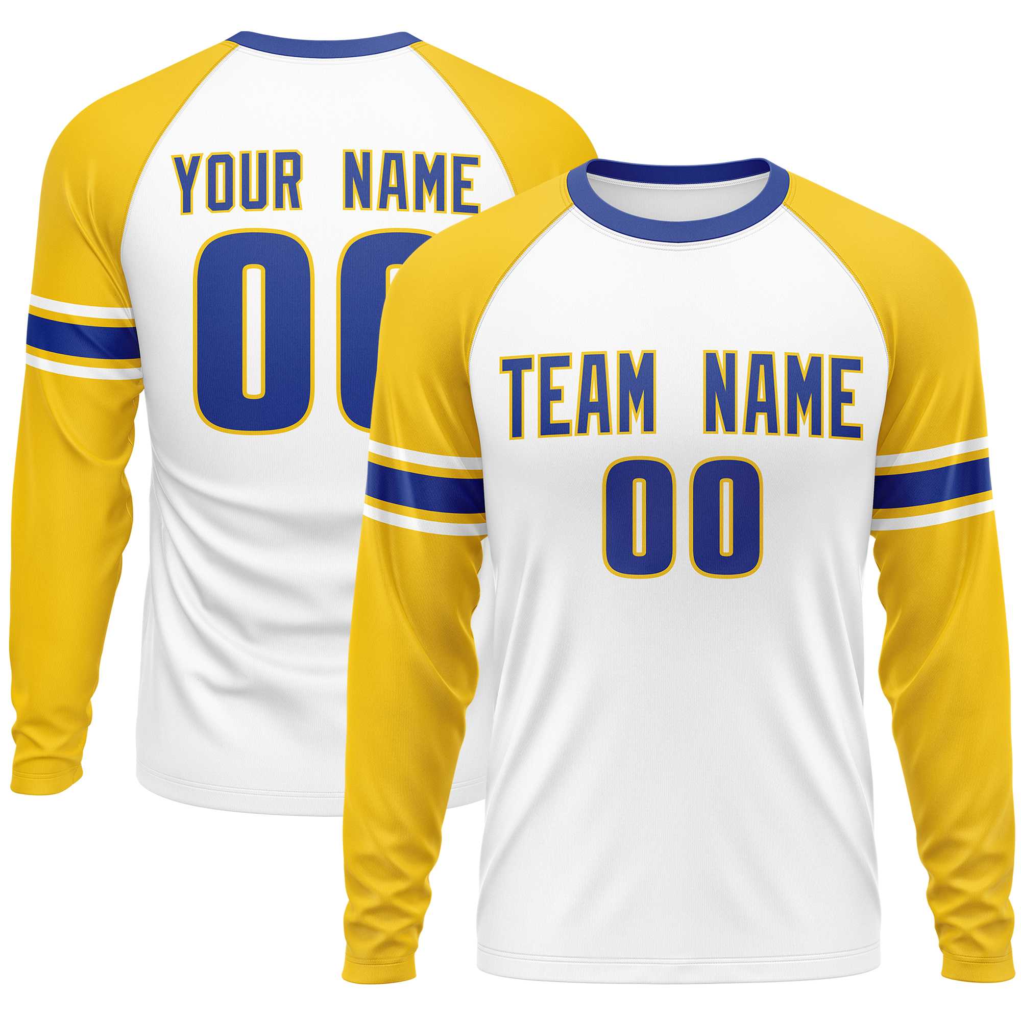 Custom White Gold Royal Crew Neck Personalized Raglan Long Sleeve Performance T-shirt