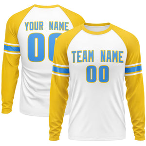 Custom White Gold Powder Blue Crew Neck Personalized Raglan Long Sleeve Performance T-shirt