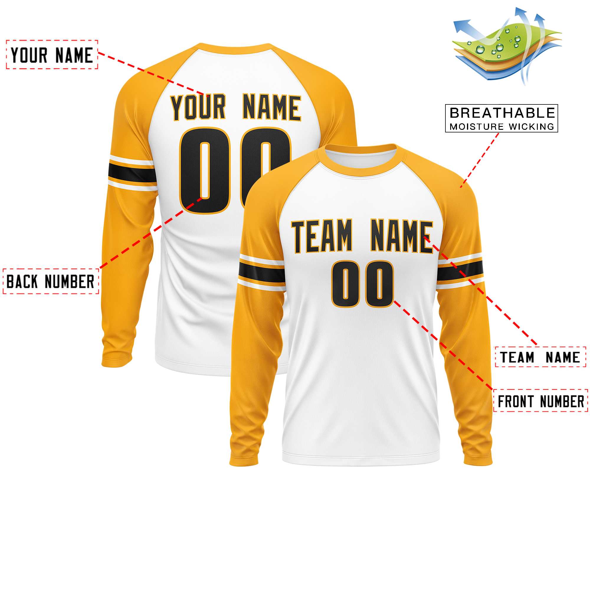 Custom White Yellow Black Crew Neck Personalized Raglan Long Sleeve Performance T-shirt