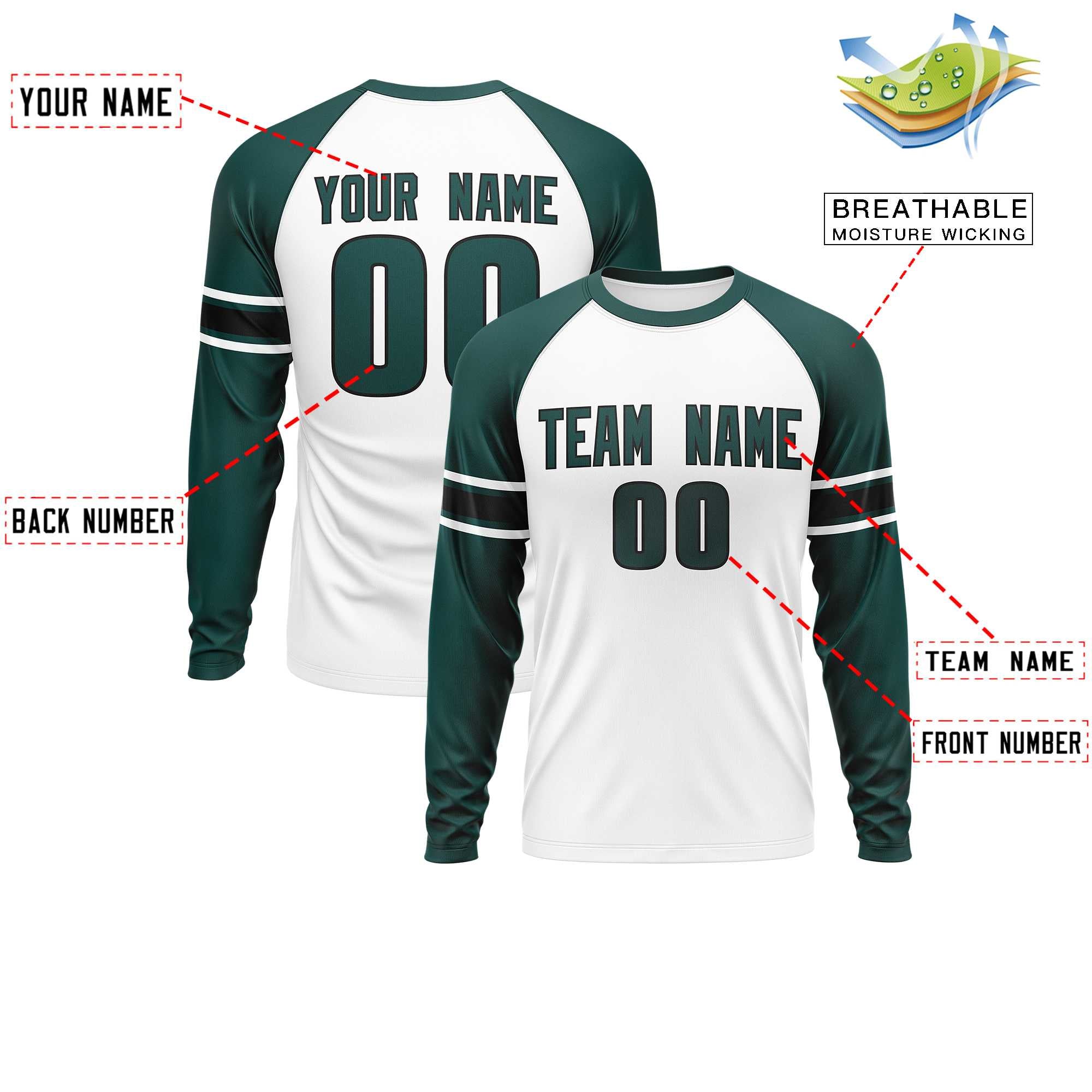 Custom White Midnight Green Black Crew Neck Personalized Raglan Long Sleeve Performance T-shirt