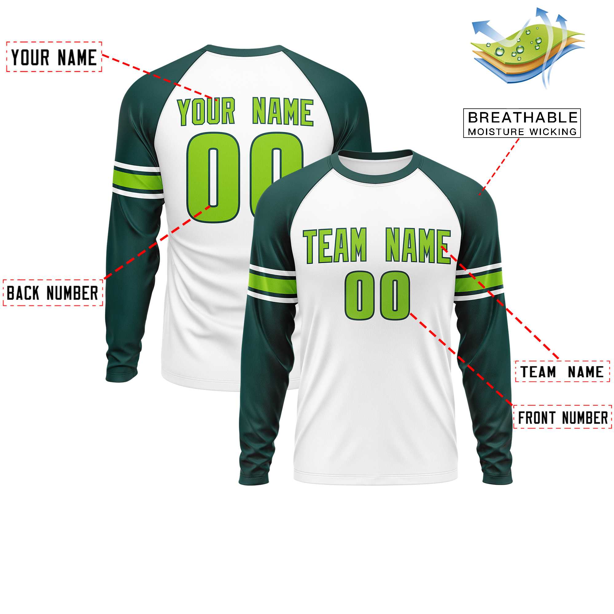 Custom White Midnight Green Neon Green Crew Neck Personalized Raglan Long Sleeve Performance T-shirt