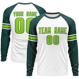 Custom White Midnight Green Neon Green Crew Neck Personalized Raglan Long Sleeve Performance T-shirt