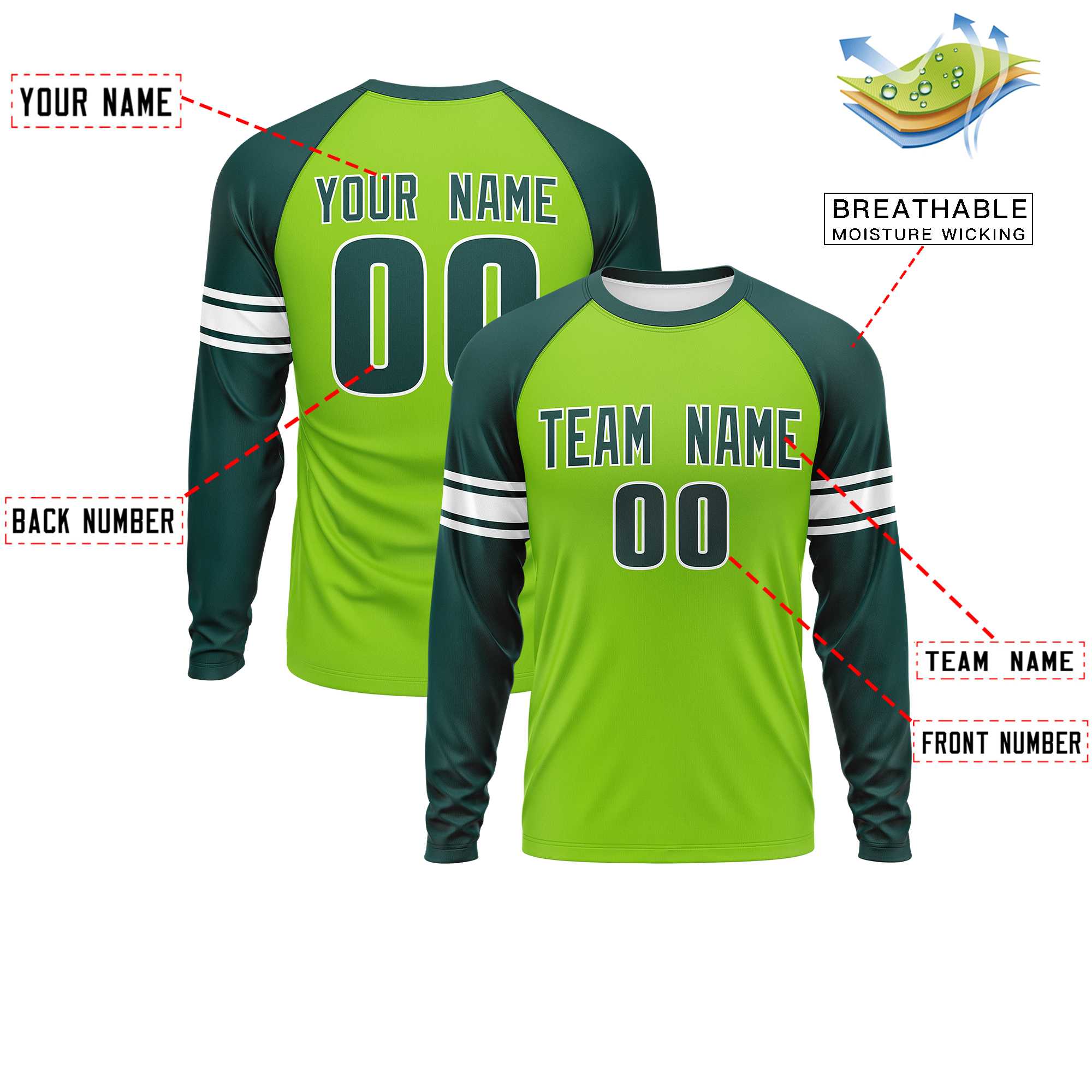 Custom Neon Green Midnight Green White Crew Neck Personalized Raglan Long Sleeve Performance T-shirt